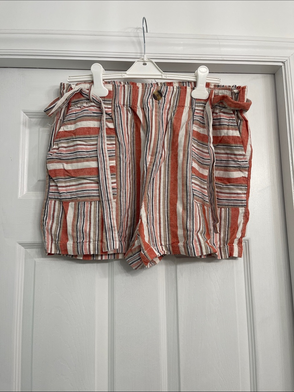 Versona Striped Paperbag Waist Shorts in Rust and White